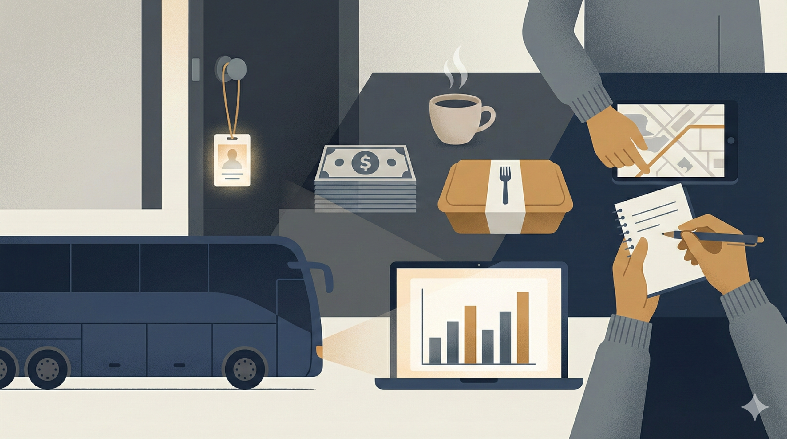 a graphic showing per diems, cash, tour bus to illustrate a post on paying per diems